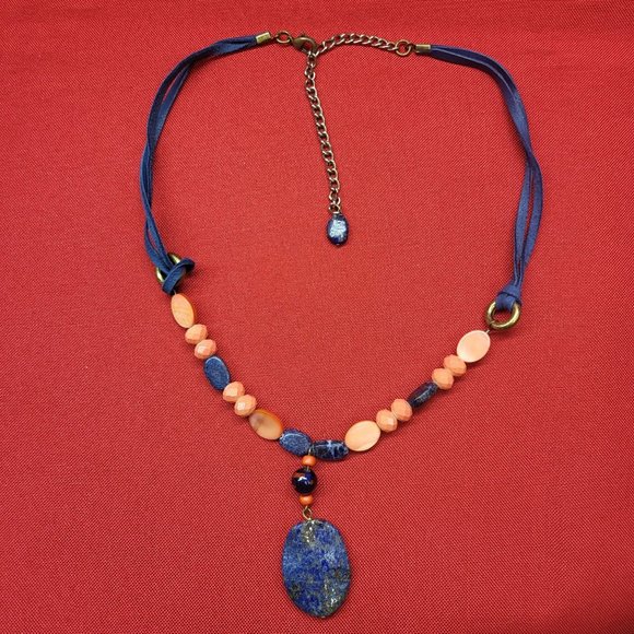 Blue Gemstone Orange Beads Blue Cord Necklace Boho Chic - Picture 9 of 9